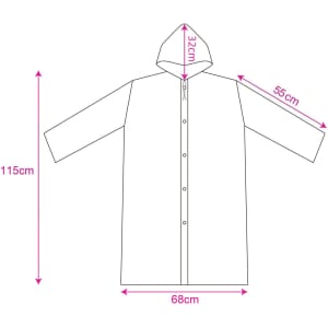 A white reusable PEVA raincoat with a hood, featuring measurements for length, chest, and sleeve widths.