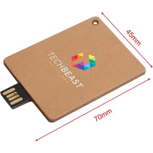 A brown Eco Card Flash Drive with a USB connector and a logo on the surface, measuring 70mm by 45mm.