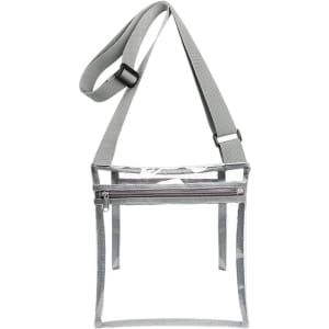 A clear PVC crossbody bag in transparent and grey, featuring an inner pouch and an adjustable strap.
