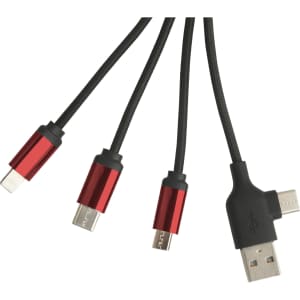 A round-shaped multi charging cable featuring three connectors with red metallic accents on a black cord.