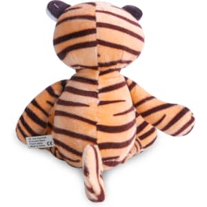 A plush toy in the shape of a tiger, featuring orange fur with black stripes and a friendly expression.