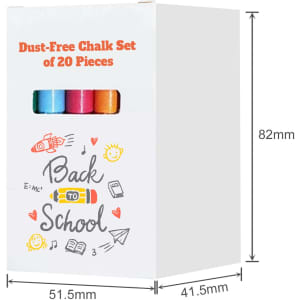 A box of dust-free chalk sticks in various colours, containing 20 pieces, with a simple design and a visible logo.