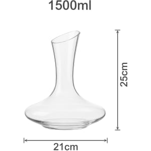 A drink bottle features a clear glass wine decanter with a stylish, curved design, holding 1500ml and measuring 25cm tall.