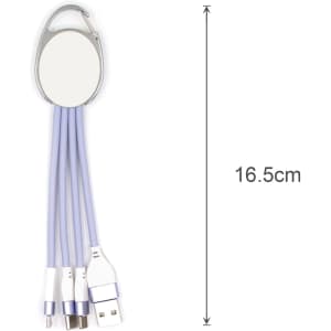 A 3-in-1 charging cable in lavender with a keyring attachment, featuring multiple connector options.