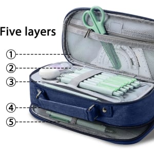A pencil case in navy blue with compartments, a handle, and various green stationery items inside.