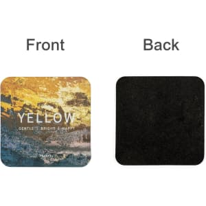 A square frosted metal coaster featuring a yellow front design and a black back. It has a logo.