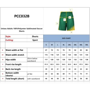 Unisex adult soccer shorts in green with a waist and hip size chart for various sizes. Features a waistband and logo.