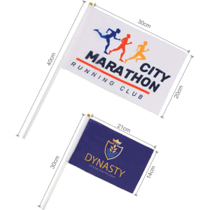 A rectangular cheering flag stick, featuring a white flag with multicoloured running figures and a blue flag with a logo.