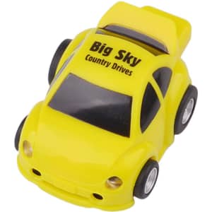 A yellow car-shaped flash drive with black wheels and a logo on its body.