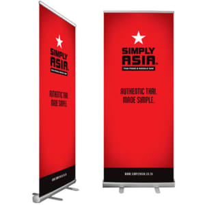 A red pull-up banner with a logo and branding at the top, featuring a sleek design.