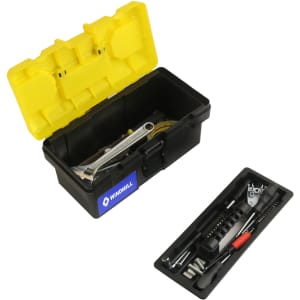 A black toolbox with a yellow lid containing various tools and a small tray with additional tools.