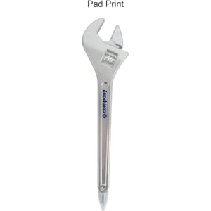 A spanner-shaped ballpoint pen in silver with a branding logo.