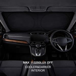A Twin Circular Light-blocking Car Sun Shade in black, installed across a car's front windshield, with a dark interior.
