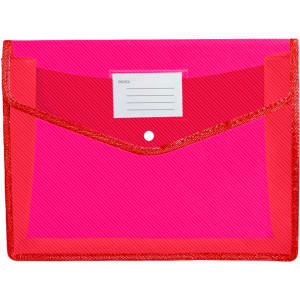 A pink expanding document folder with a red border and a clear label area on the front. It has a button closure.