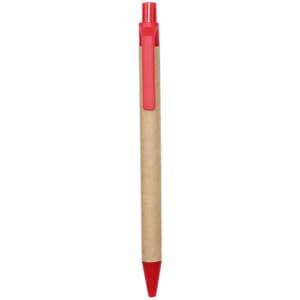 A Kraft paper pen with a red plastic tip and clip, featuring a simple design and a logo.