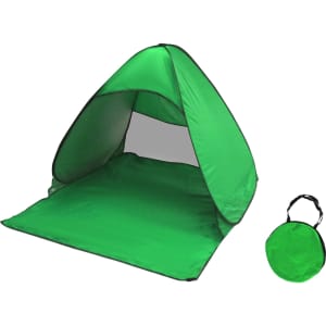 A green pop-up beach tent with a matching carry bag, designed for outdoor sunshade use.
