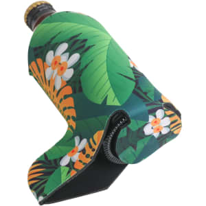 A drink bottle holder in a vibrant tropical design featuring green leaves and colourful flowers. It has a logo.