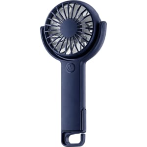 A navy handheld fan featuring a 180° adjustable angle, with a compact design and a power button.
