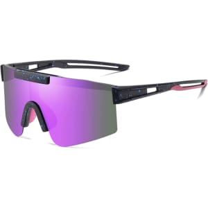 Frameless sports sunglasses in a black and pink design with a mirrored purple lens. Features a logo on the frame.