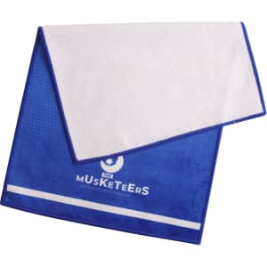 A blue sports towel with a white terry cloth side and a logo on it, measuring 30x50cm.