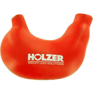 A red stomach-shaped stress reliever featuring a logo. Ideal for fun and games.