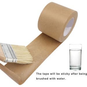 A roll of gummed kraft paper tape in brown, with a brush applying water to one end.