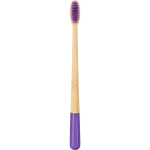 A large conical handle toothbrush with a wooden bamboo body and a purple handle.
