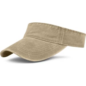 A washed sun visor in a beige colour with a wide brim and a soft fabric finish. It features a logo on the side.