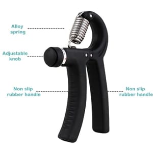 A black adjustable hand grip with a non-slip rubber handle and alloy spring, featuring an adjustable knob.