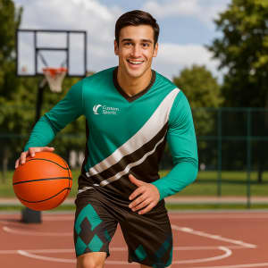 A man in a green and brown sports jersey dribbles a basketball on an outdoor court, with a basketball hoop in the background.