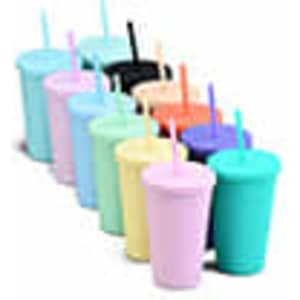 A set of 16oz matte plastic cups in various pastel colours, each with a lid and straw, arranged in a row.