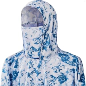A fishing hoodie in blue and white, featuring a hood and a pocket, designed for sun protection.