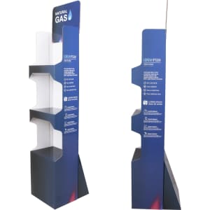 A cardboard floor display featuring three tiers, predominantly in blue with white accents and a logo.