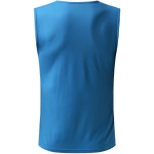 A blue, sleeveless V-neck singlet made from 100% polyester micro mesh, featuring a buttoned design on the front.