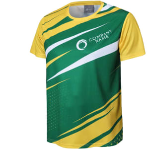 A green and yellow sports tee shirt featuring a logo, with dynamic graphic patterns. Made of 100% polyester.