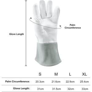Heat resistant gloves in grey and white, featuring a palm circumference measurement and sizes: S, M, L, XL.