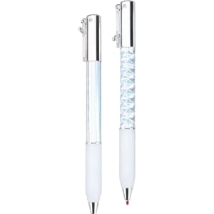 Two plastic pens in iridescent and textured white designs, featuring silver accents and clips.