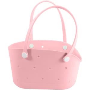 A pink EVA pet bag featuring holes for ventilation and two handles. It includes a logo on the side.