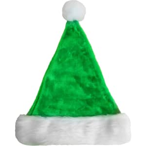 A plush Santa hat in bright green with a fluffy white trim and pom-pom on top.