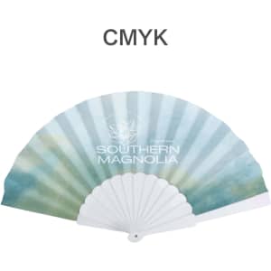 A fabric hand-held fan in shades of blue and green, featuring a decorative design and a white handle.