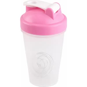 A drink bottle with a translucent body and a pink lid, featuring a flip-top spout and a logo.