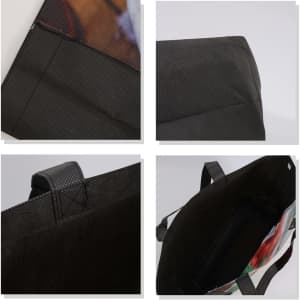 A tote bag in full colour with a black base and handles, featuring an interior pocket and textured finish.