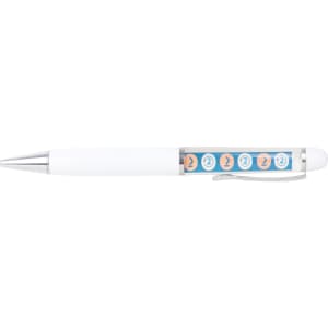 A white plastic pen with a transparent barrel featuring colourful floating elements and a silver clip.