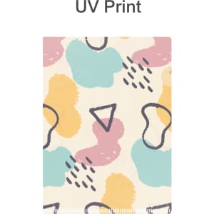 A4 L-shaped open folder with a colourful abstract pattern featuring pastel pink, blue, and yellow shapes.