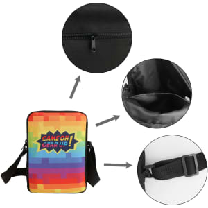 A colourful sublimation cross body bag featuring a zipper, inner compartment, and adjustable strap with a logo.