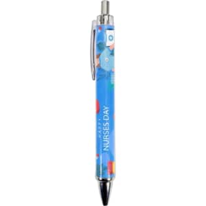 A ballpoint pen with a blue barrel featuring a colourful design and a clip at the top. It has a logo on it.
