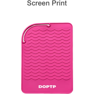 A pink silicone hair straightener pad with a wavy texture and a hanging loop at one end.