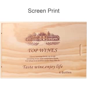 A wooden gift box for six bottles of wine, featuring a natural finish and an engraved design on the lid.