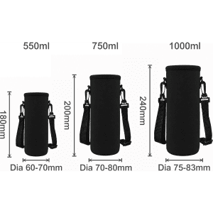 A drink bottle carrier in black, designed for various bottle sizes with adjustable straps and a logo.