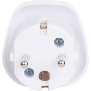 A white universal travel adapter with three pin slots for AU to EU connections, featuring a smooth, rounded design.